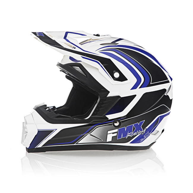FMX N-600 2X-Large Motocross Helmet, White & Blue, Double D Closure, DOT - Click Image to Close