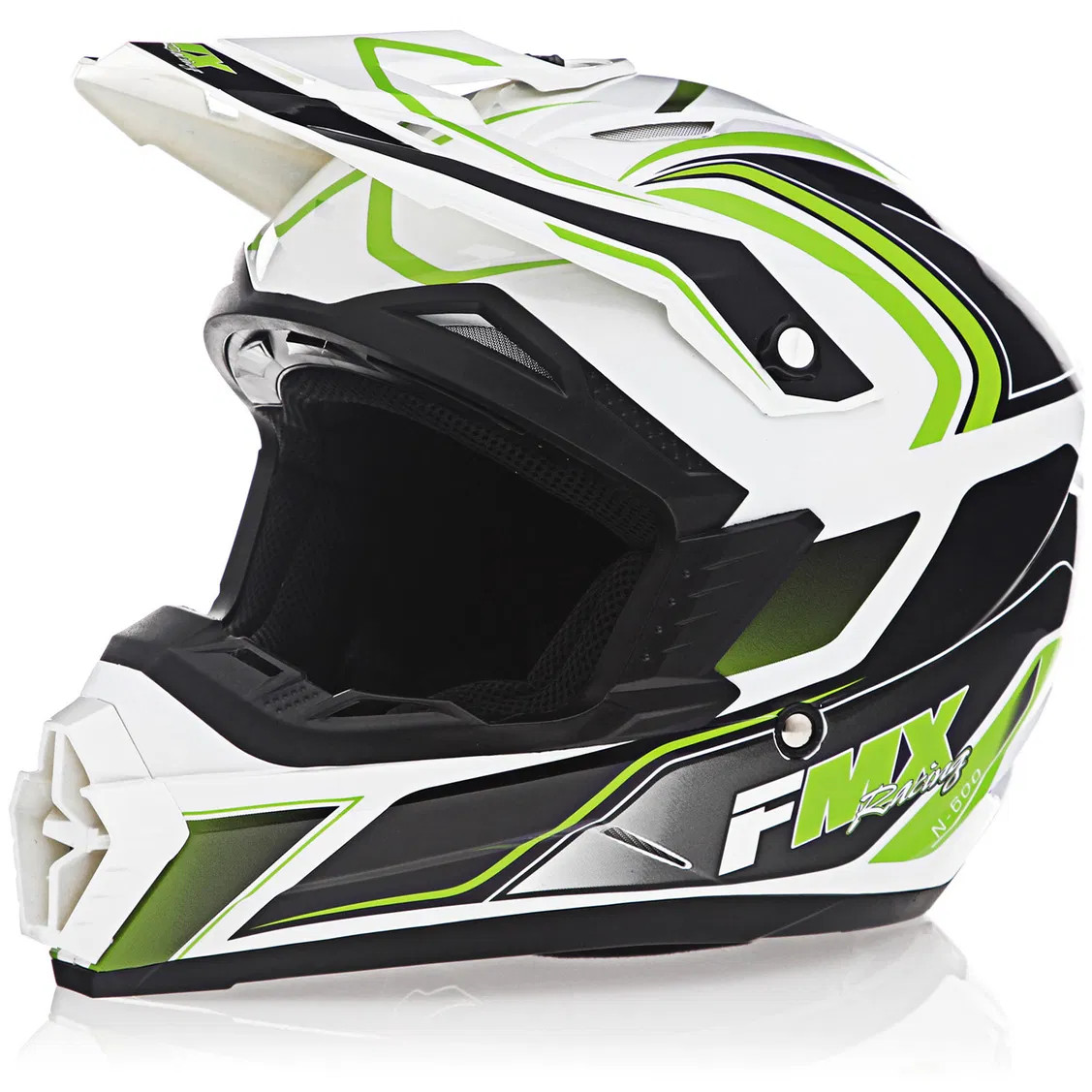 FMX N-600 2X-Large Motocross Helmet, White & Green, Double D Closure, DOT - Click Image to Close