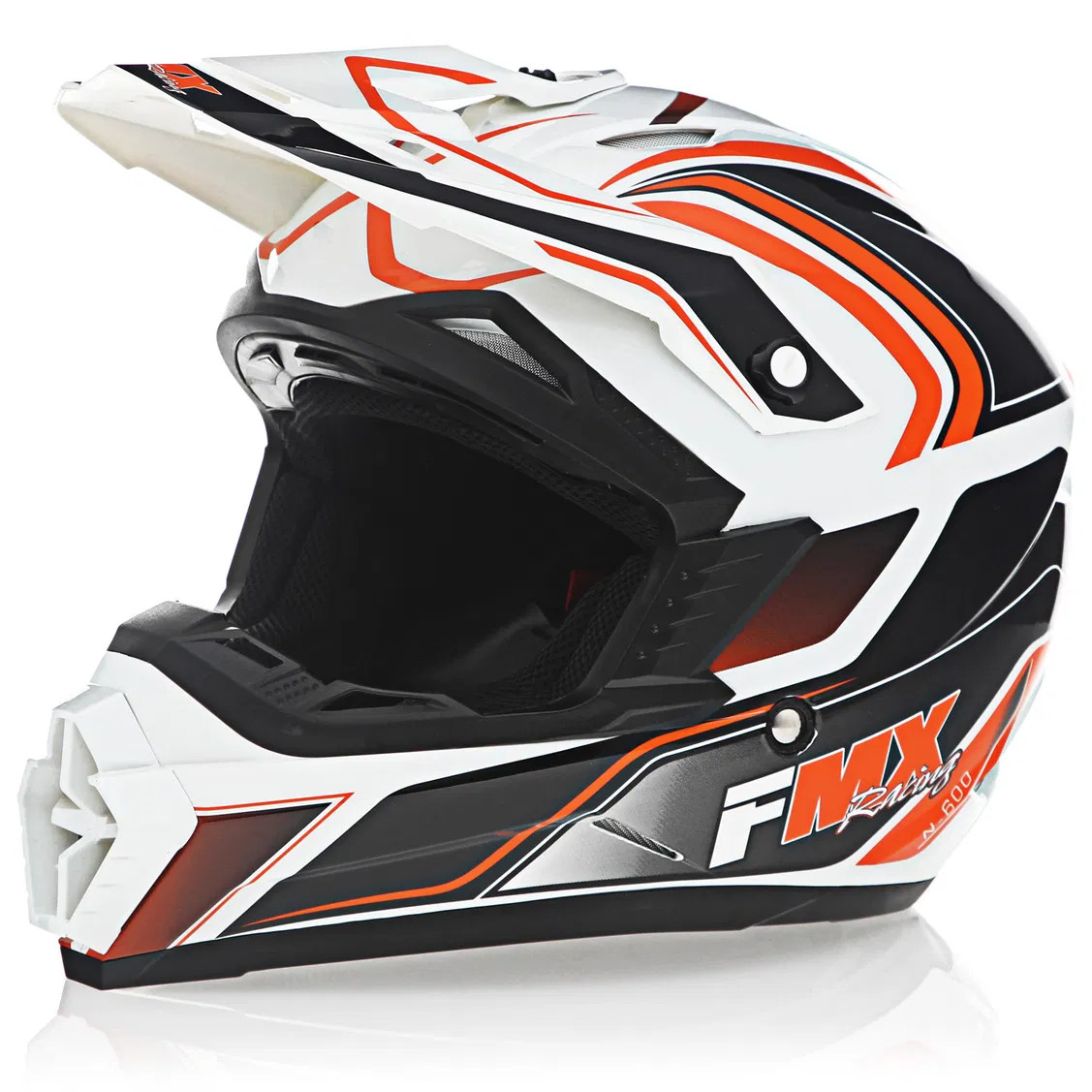 FMX N-600 Youth Large Motocross Helmet, White & Orange, Double D Closure, DOT - Click Image to Close