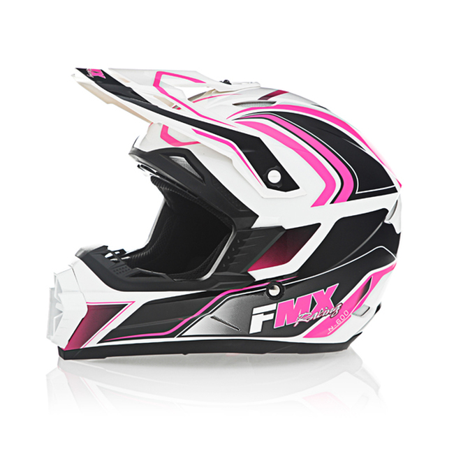 FMX N-600 Medium Motocross Helmet, White & Pink, Double D Closure, DOT Approved - Click Image to Close