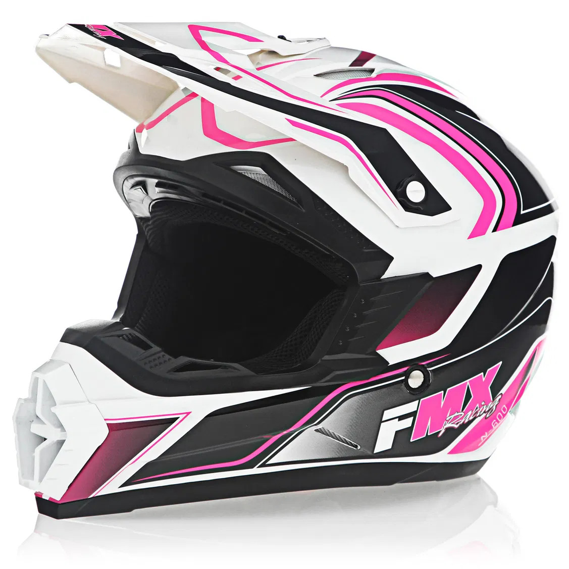 FMX N-600 Youth Large Motocross Helmet, White & Pink, Double D Closure, DOT - Click Image to Close