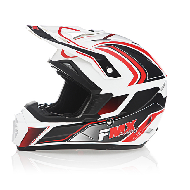 FMX N-600 Large Motocross Helmet, White & Red, Double D Closure, DOT Approved - Click Image to Close