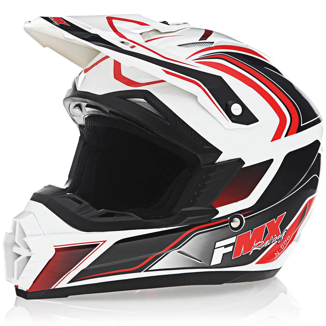 FMX N-600 2X-Large Motocross Helmet, White & Red, Double D Closure, DOT Approved - Click Image to Close