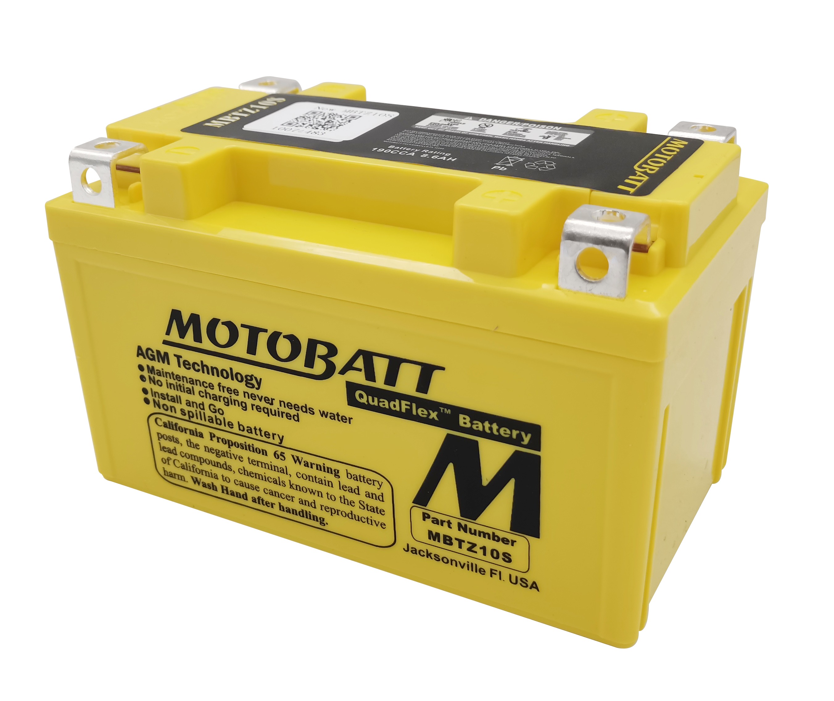 MotoBatt MBTZ10S Quadflex AGM Battery Sealed Factory Activated - Sealed AGM Quadflex battery, maintenance-free, universal fit - Click Image to Close
