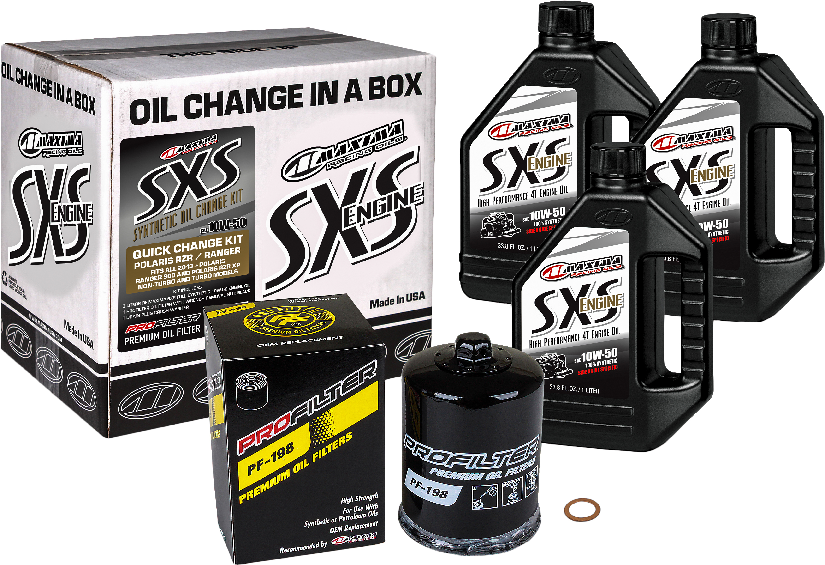 SXS Quick Oil Change Kit 10w-50 w/ Oil Filter For RZR & Ranger 900/1000 XP - 3 QTS Oil, PF-198 Filter, & Drain Plug Washer - Click Image to Close