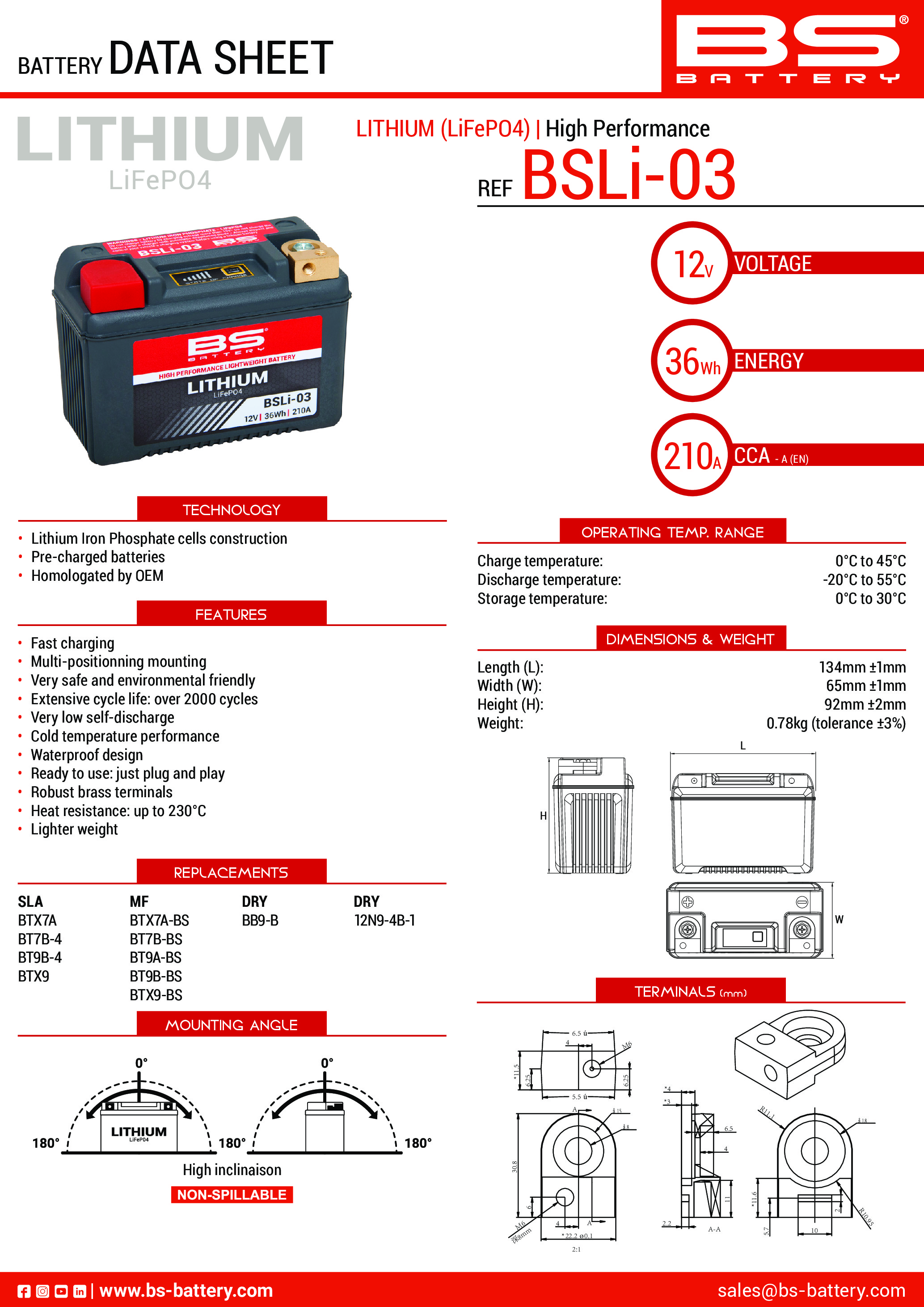 BSLI-03 Lithium Battery, 36Wh, 210 Amps - Replaces YB7-A, YT7B, YT9B, YTX7A, YTX9 - Click Image to Close