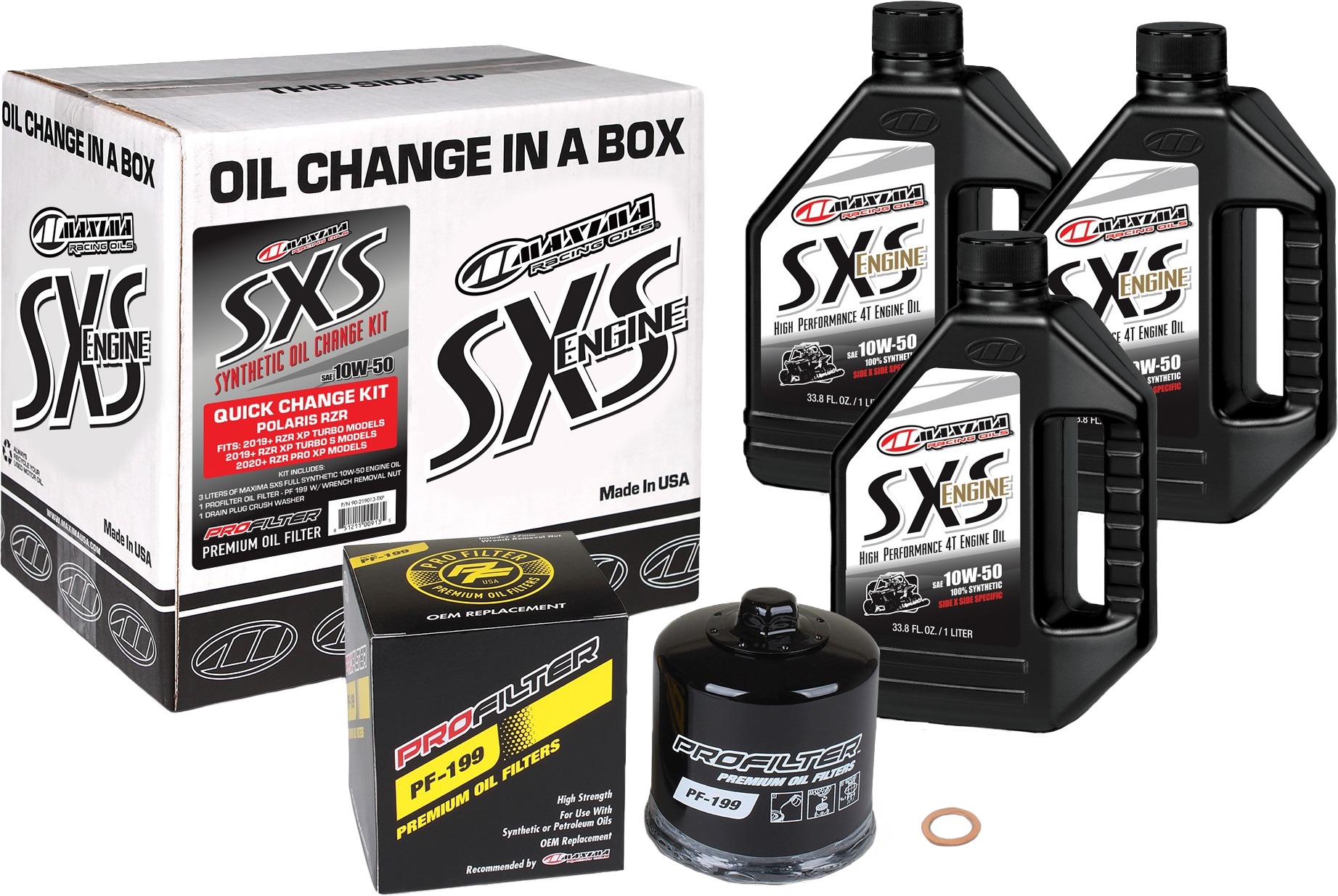 SXS Quick Oil Change Kit 10w-50 w/ Oil Filter For RZR PRO & Turbo - 3 QTS Oil, PF-199 Filter, & Drain Plug Washer - Click Image to Close