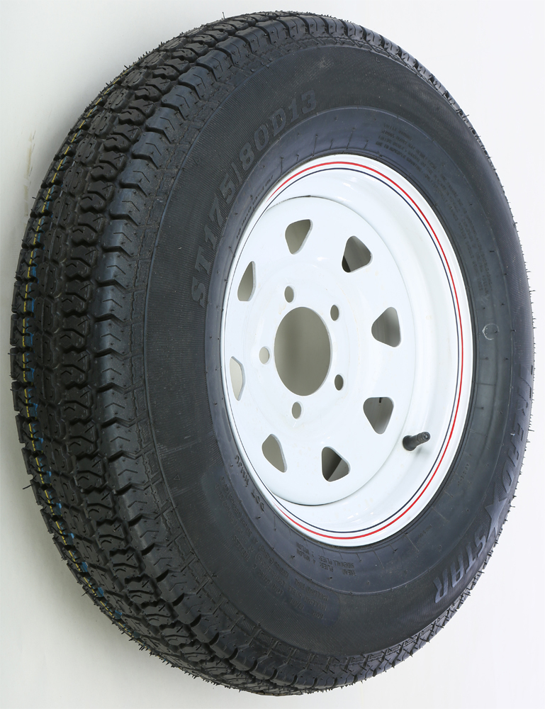 AWC Trailer Tire and 8 Spoke Steel Wheel Assembly White 175/80-13 - 8 spoke steel wheel and tire assembly, white finish - Click Image to Close