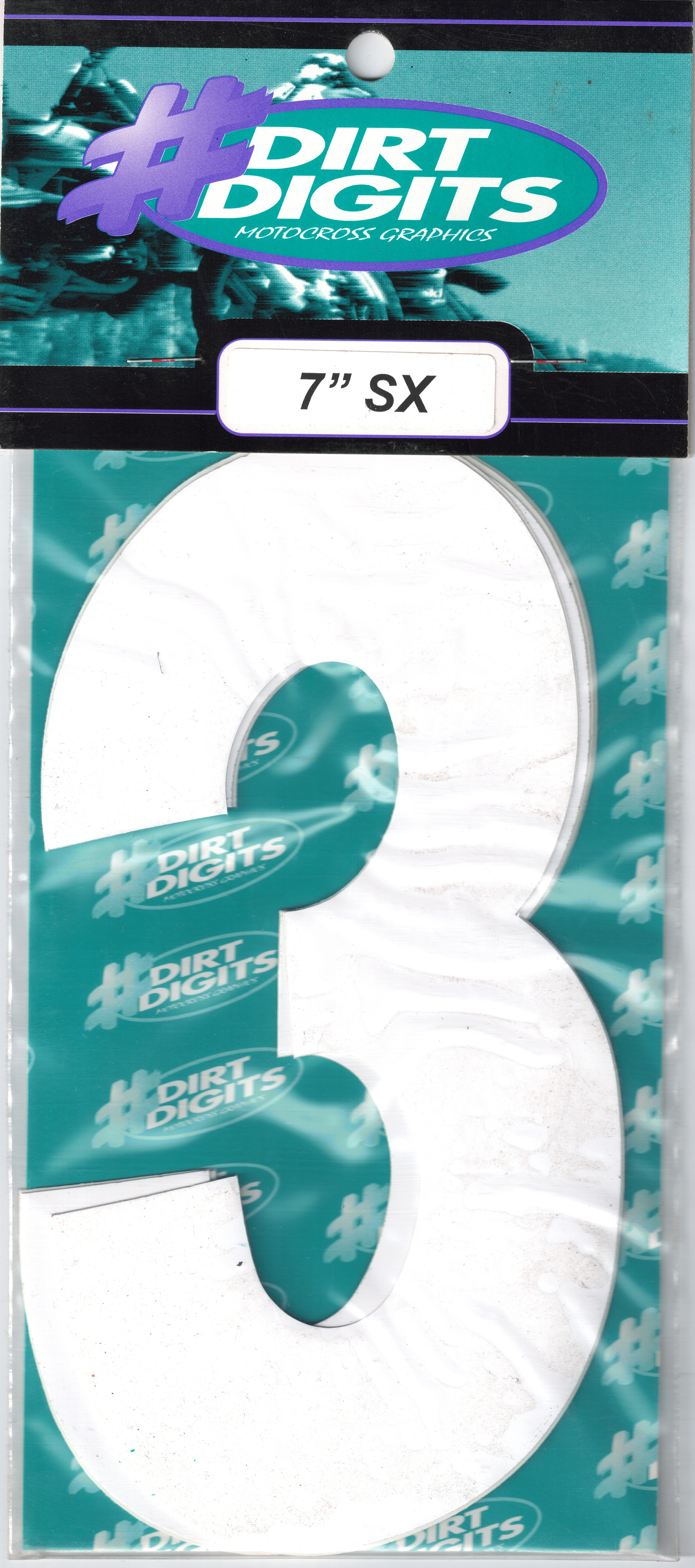#3 7" Tall White "SX" Stick-On Race Numbers - 3 Pack - Click Image to Close