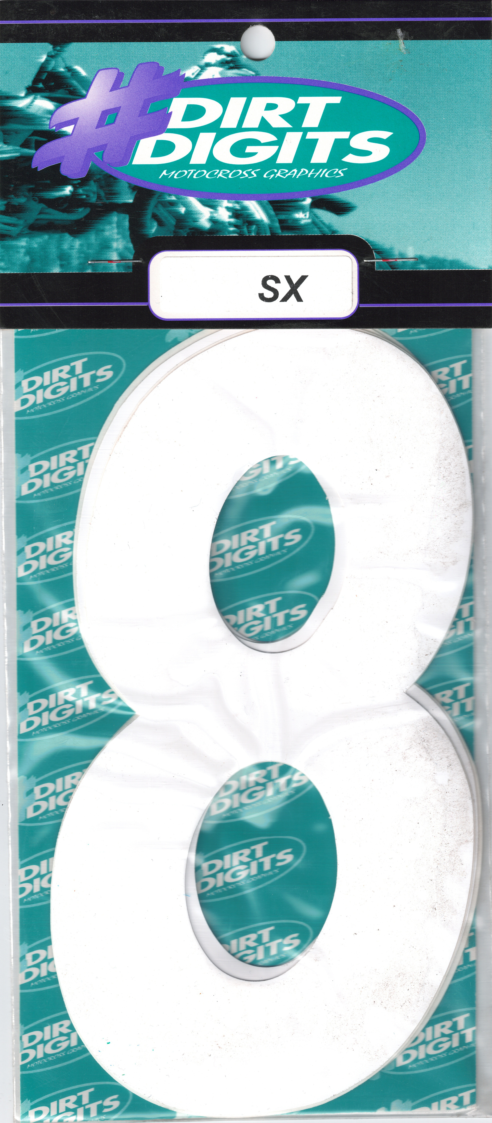 #8 5" Tall White "SX" Stick-On Race Numbers - 3 Pack - Click Image to Close