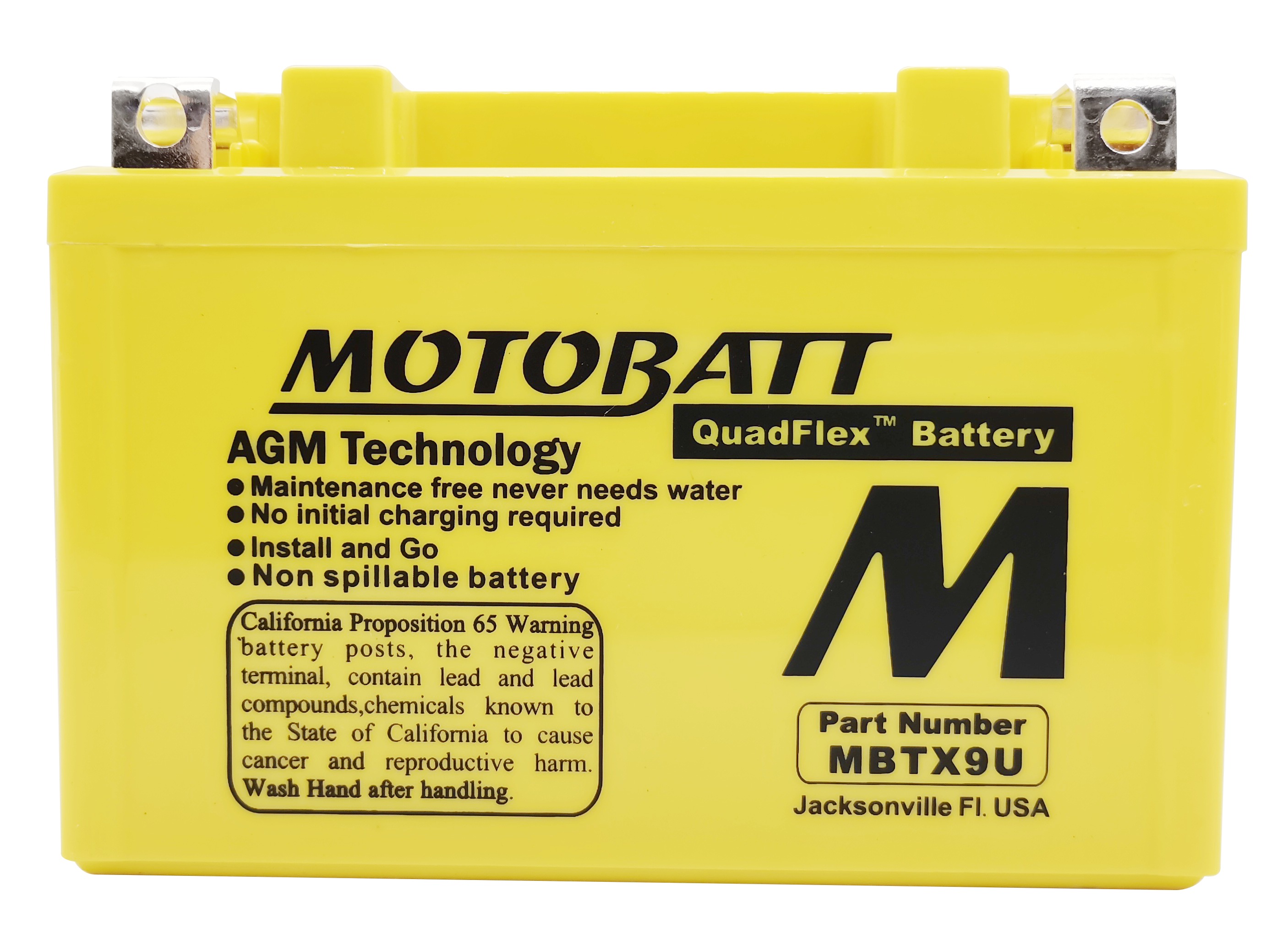 MotoBatt MBTX9U Quadflex AGM Battery Sealed Factory Activated - Maintenance-free AGM battery, universal fit - Click Image to Close