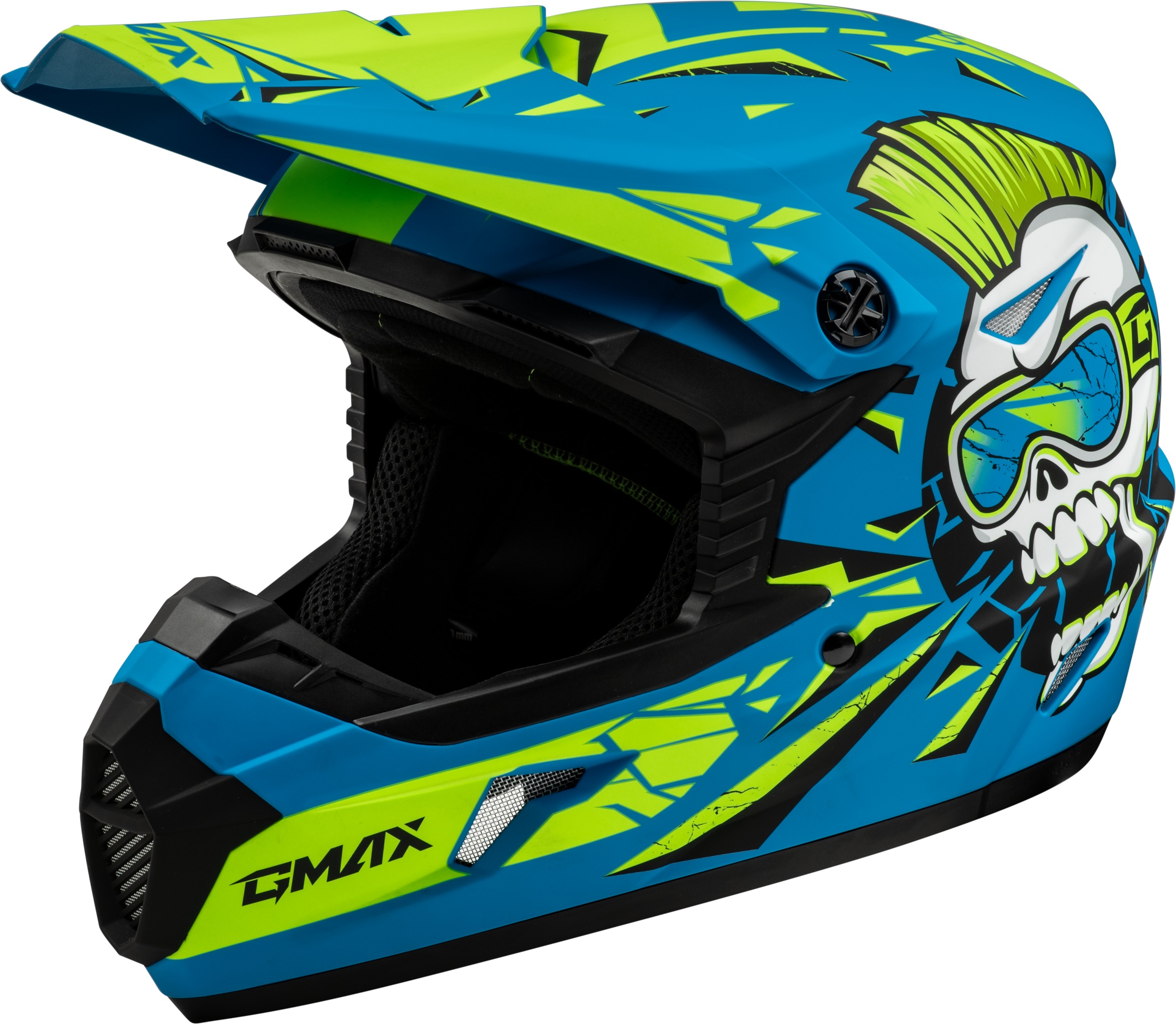 GMAX MX-46Y Unstable Youth Helmet Matte Blue/Green Medium - Offroad youth helmet, matte blue/green, size medium - Click Image to Close