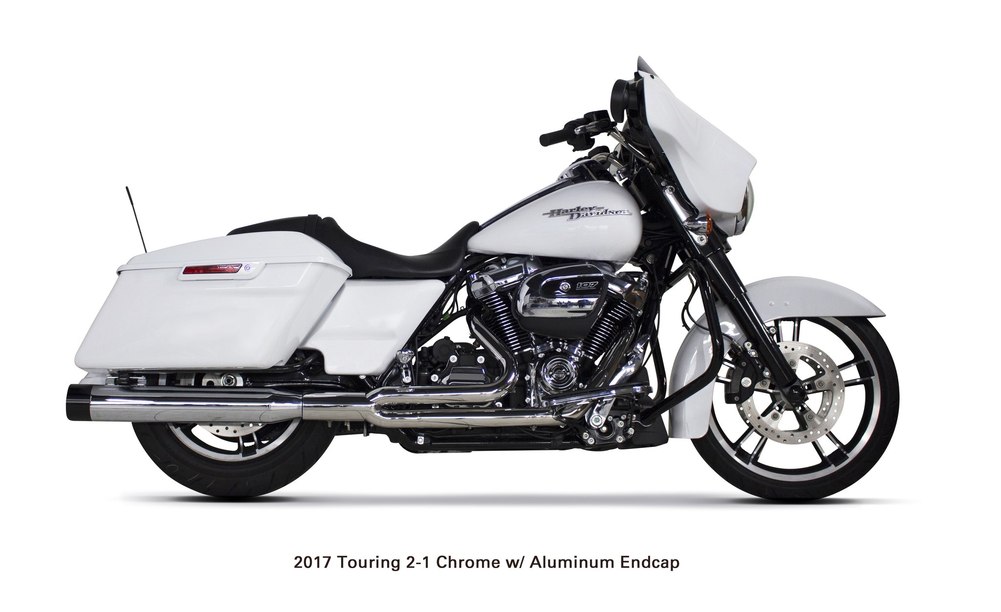 2-1 Comp-S Chrome Full Exhaust Black Cap w/Ghost Pipe - For 17-21 Harley Touring - Click Image to Close