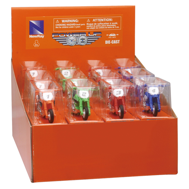 Pullback Mini Dirtbike Assortment 1:32 Scale 4 Styles 24PC New Ray Toys - Click Image to Close