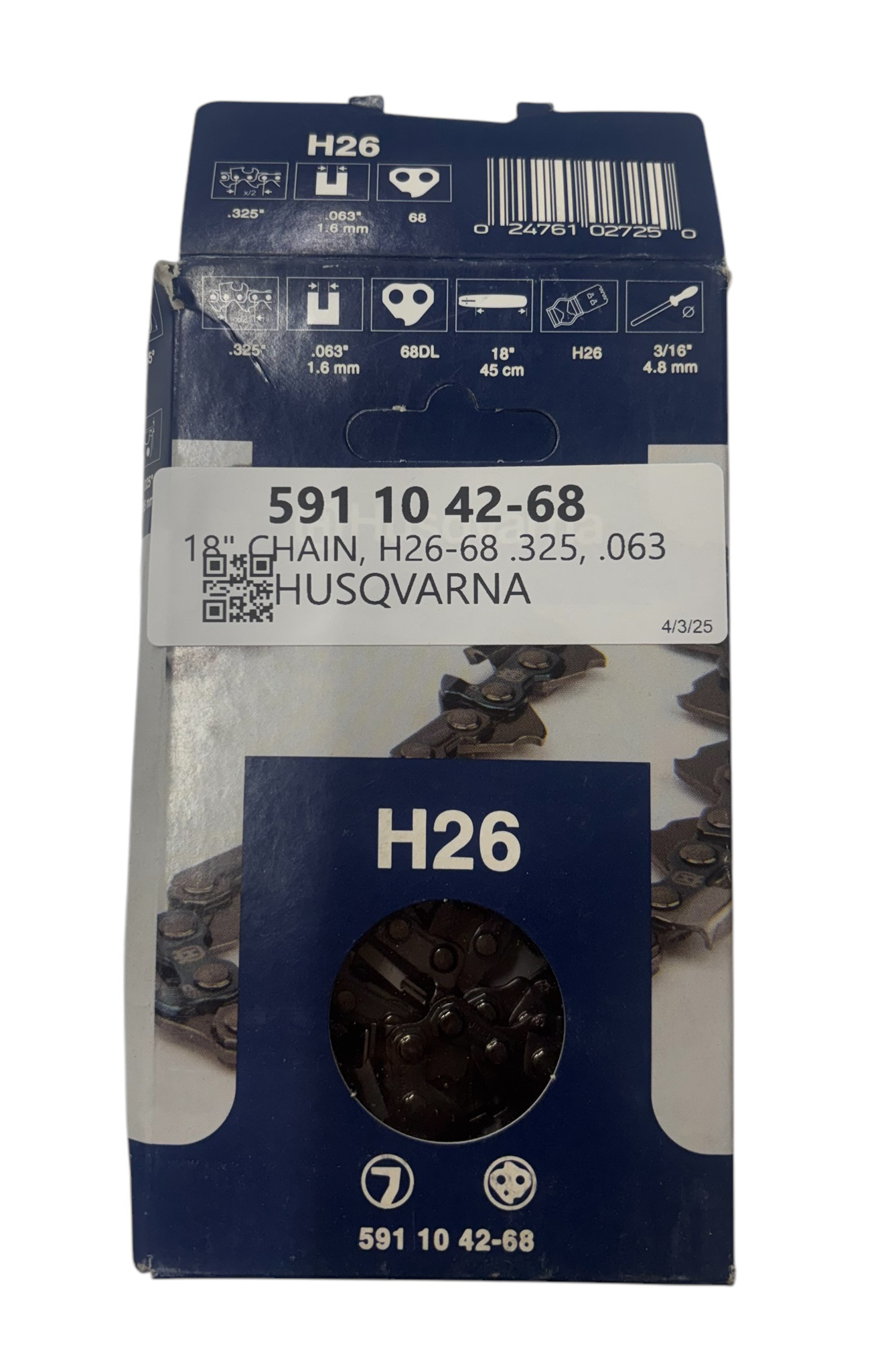 18" / 68DL H26 Chisel Chainsaw Chain .325" Pitch .063" Gauge - Click Image to Close