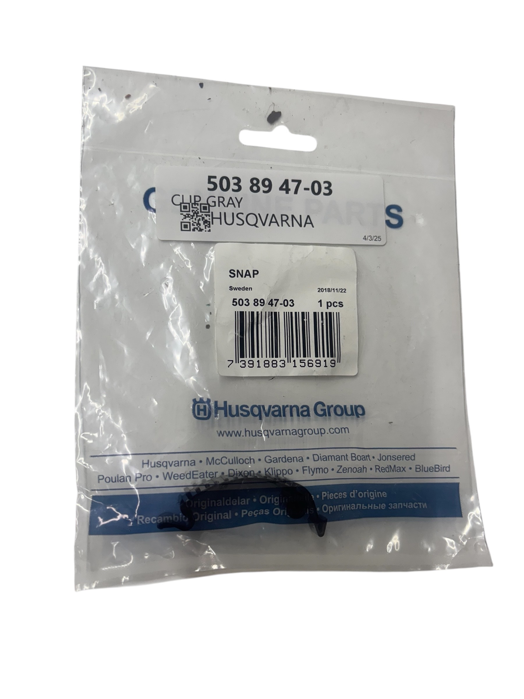 Husqvarna Clip Gray 503894703 - Replacement gray clip for Husqvarna equipment - Click Image to Close