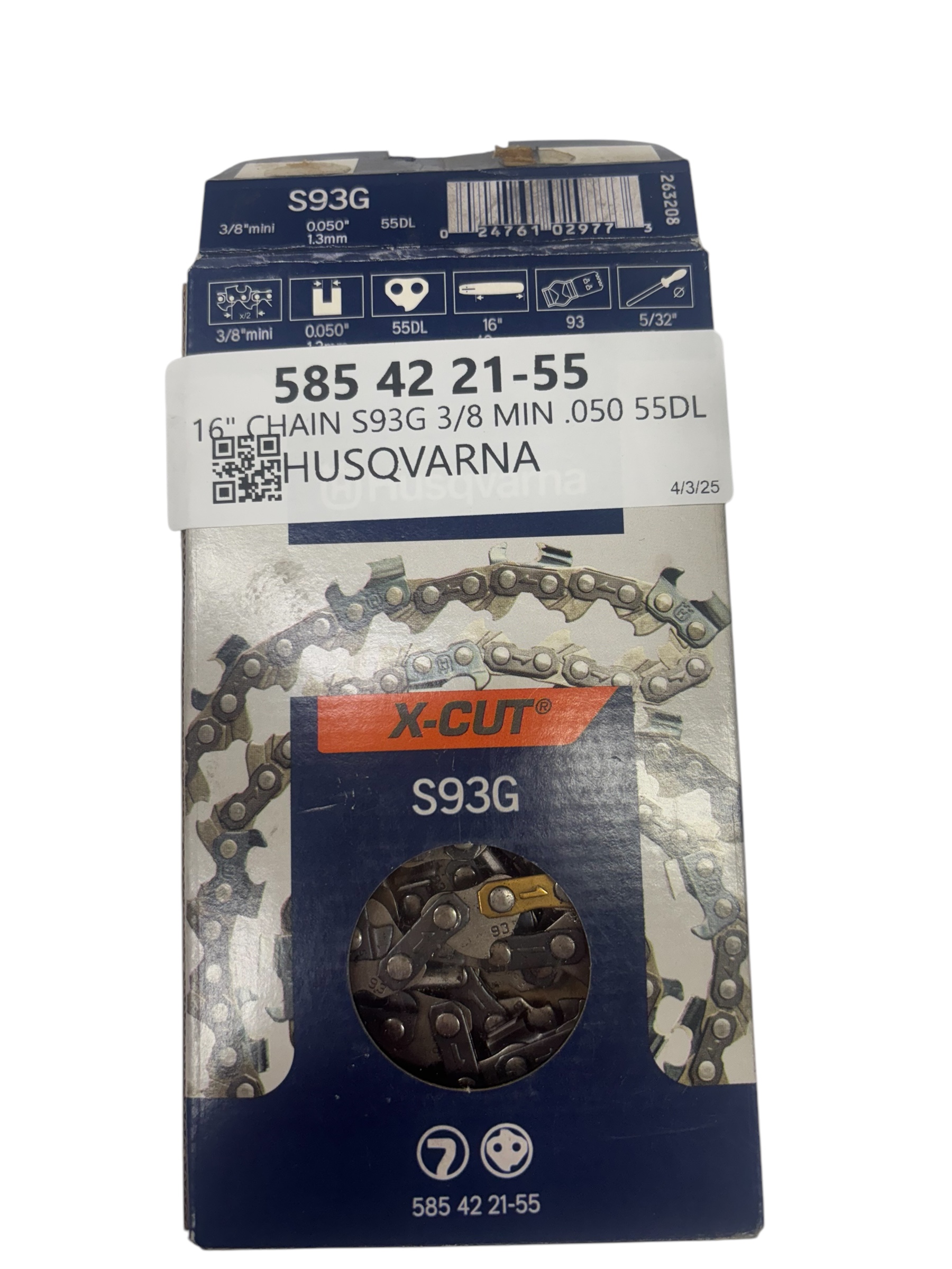 16" / 55DL X-CUT S93G Semi-Chisel Chainsaw Chain 3/8" Pitch .050" Gauge Mini - Click Image to Close