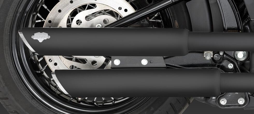 Black 3" Twin Slash Cut Slip On Exhaust - For 07-17 Harley FLSTN, FLSTSB, FLS - Click Image to Close