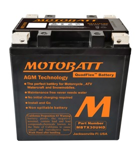 MOTOBATT MBTX30U(HD) Quadflex AGM Battery Sealed Factory Activated - Sealed AGM battery, maintenance-free, universal fit