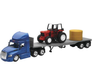 Freightliner Cascadia Flatbed with Tractor & Hay Bale 1:43 by New Ray Toys