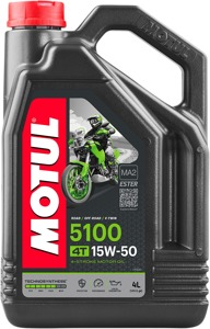 Motul 5100 15W50 4T Synthetic Blend Engine Oil 4 Liter - 4T 15W50 synthetic blend, 4 liter jug, universal use