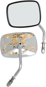 Drag Specialties Live To Ride Rectangle Mirrors Chrome/Gold Pair - Rectangular mirrors with 'Live to Ride' eagle design