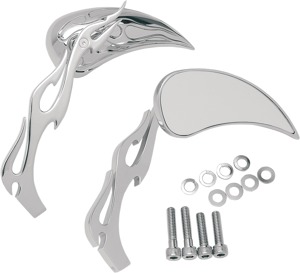 Drag Specialties Flame Teardrop Mirrors with Sculptured Stem Chrome Pair - Flame teardrop mirrors, chrome, universal fit, pair