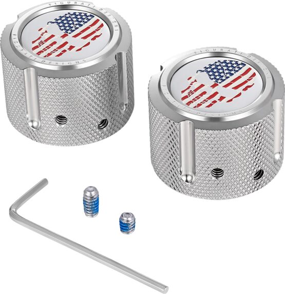 Figurati Designs Front Axle Nut Cover Red White Blue Flag Skull Silver